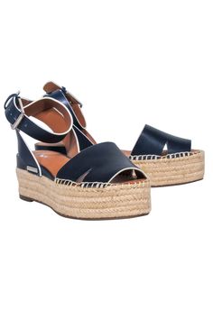 Current Boutique-Franco Sarto - Navy Leather Upper w/ Espadrille Platform Sz 8 Leather Platform Closed Toe Espadrilles, Navy Round Toe Sandals With Cushioned Footbed, Round Toe Espadrilles With Branded Insole For Vacation, Leather Espadrilles With Cushioned Footbed And Wedge Heel, Leather Espadrilles With Woven Sole For Beach, Leather Round Toe Espadrilles For Vacation, Casual Espadrilles With Leather Footbed And Round Toe, Vacation Espadrilles With Branded Insole And Round Toe, Leather Espadrilles With Textured Sole And Wedge Heel