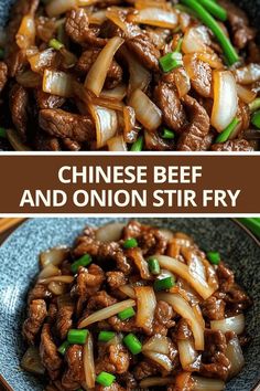 beef and onion stir fry in a blue bowl