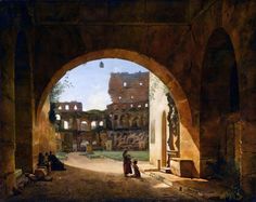 a painting of people sitting under an archway