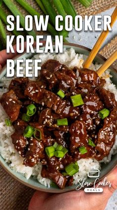 Hands holding a bowl of Korean beef over rice. Crockpot Flank Steak Recipes, Flank Steak Crock Pot, Korean Beef Recipe, Rice And Noodles, Korean Beef Recipes, Slow Cooker Korean Beef, Slow Cooker Steak, Flank Steak Recipes, Slow Cooker Recipes Beef