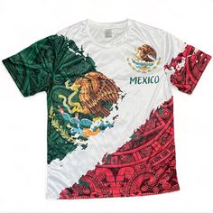 the mexican flag is printed on a white t - shirt with red and green accents