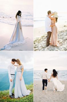 four pictures of people standing on the beach with their arms around each other and holding hands