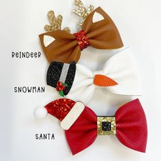 These 4” faux leather hair bows are the perfect accessory. Each bow is made from high quality printed faux leather material and attached to an alligator clip to stay secure in hair all day long. This is for one single bow, for a pigtail set you will need to buy two. Faux Leather Crafts Cricut, Diy Christmas Hair Accessories, Christmas Hair Bows Diy, Cricut Bows, Faux Leather Hair Bows, Diy Leather Bows, Christmas Hair Clips, Leather Hair Bows, Faux Leather Bows