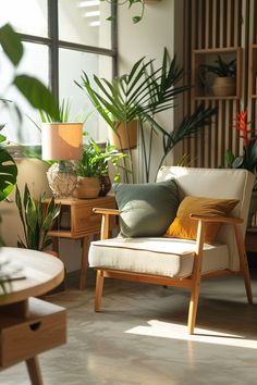 a living room filled with furniture and lots of plants