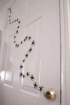 the door is decorated with black and white spider webs, which appear to be crawling