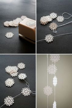 four pictures showing the process of making paper snowflakes