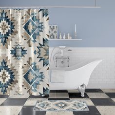 Transform your bathroom with our Modern Southwestern Shower Curtain, featuring a blue and grey Navajo-inspired design. This modern Western bath curtain brings a touch of Native American style to your decor with its elegant Aztec pattern, perfect for adding a unique, cultural flair to your space. 𝐃𝐞𝐭𝐚𝐢𝐥𝐬 .: 100% Polyester- this extremely strong and durable synthetic fabric retains its shape and dries quickly .: One-sided print .: Hooks not included .: Note: Pre-constructed item. Size varia Western Shower, Western Shower Curtain, American Bathroom, Shower Curtain Modern, Western Bathroom, Shower Curtain Blue, Modern Southwestern, Curtain Modern, Blue Bath