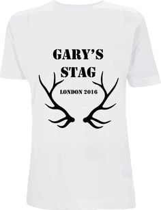 a white t - shirt with the words gary's stag london on it