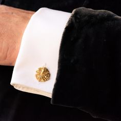 This is part of Chairish’s Fine Jewelry assortment.  Pair of cufflinks in 18 karat yellow gold, eagle's head hallmark.  These cufflinks are round, perforated with a quiver and a hymenic torch on an openwork decoration of foliage and retained by a crown of roses.  The central part is a curved rod with a shuttle chiseled with ribbons at the end.  Diameter: 15.2 mm, thickness: 3 mm, length of the shuttle: 20 mm, length of the rod: about 20 mm.  Total weight of the jewel: about 9.6 g.  Antique jewel Wedding Cufflinks, Antique Wedding, Eagle Head, Quiver, Cufflinks Wedding, Vintage London, Emerald Diamond, Gold Wedding, Beautiful Rings