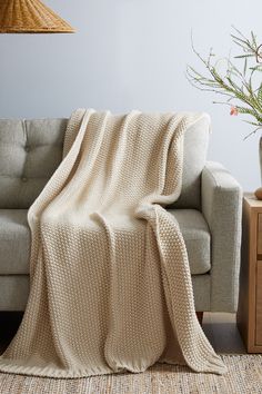 a couch with a blanket on it next to a table and plant in a vase