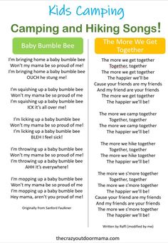 two children's camping and hiking songs with the words, baby bumble bee