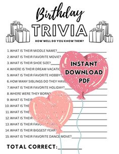 a birthday trivia with balloons and presents