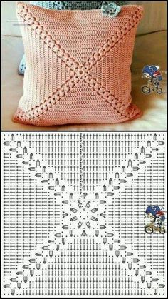 a crocheted pillow with an intricate design on the front, and a photo of a