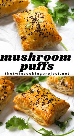 mushroom puffs on a white plate with parsley sprinkled on top and the title overlay reads mushroom puffs