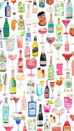 many different bottles and glasses are arranged in the shape of a collage on a white background