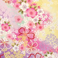 an image of colorful flowers and butterflies on a pink, yellow, purple, and white background