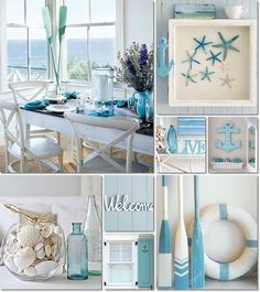 a collage of blue and white beach themed decor