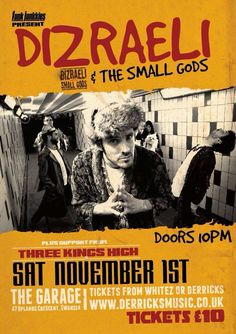 a concert poster for dizraelli and the small gods with an image of a man