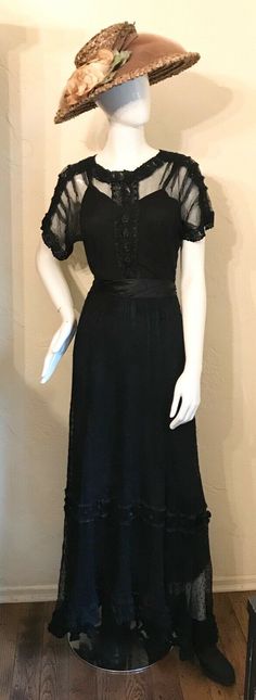 ANTIQUE Victorian Edwardian Black Net Lace Mourning Dress 2 Pc Dress | eBay Elegant Victorian Dress With Lace Trim For Evening, Elegant Victorian Evening Dress With Lace Trim, Elegant Formal Vintage Dress With Fitted Bodice, Classic Vintage Dress With Lace Trim For Formal Occasions, Classic Formal Vintage Dress With Lace Trim, Classic Vintage Dress With Fitted Bodice For Formal Occasions, Vintage Victorian Dress With Empire Waist For Formal Occasions, Vintage Evening Dress With Empire Waist, Elegant Victorian Empire Waist Dress For Daywear