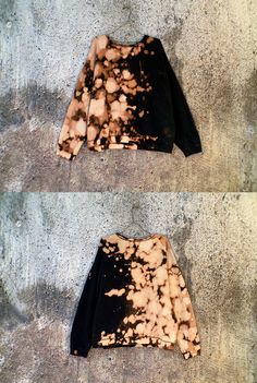 two pictures of the same black and brown tie - dyed sweaters on concrete