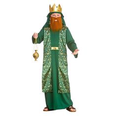 a man in a green costume with a long beard and wearing a golden crown holding a bell