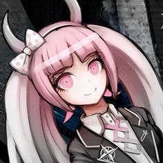 an anime character with pink hair and horns