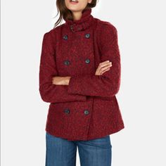 Brand New With The Tag 41% Wool Gorgeous Pea Coat Jacket. In Very Nice Berry Red Color - Perfect For Fall And Winter. Red Stand Collar Outerwear With Buttons, Red Stand Collar Outerwear For Fall, Red Outerwear With Stand Collar For Fall, Red Outerwear With Stand Collar And Button Closure, Burgundy Winter Outerwear With Buttons, Casual Burgundy Winter Outerwear, Red Fall Outerwear With Buttons, Red Outerwear With Buttons For Fall, Red Buttoned Outerwear For Fall