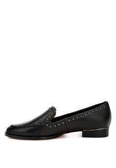 A refined classic style, the loafers are accentuated with the stud embellishments which add just the right touch of minimalistic oomph. The comfortable cushion insole cuts strain which make these loafers ideal for daily work wear.Type : LoafersUpper Material: Genuine LeatherOuter Sole: RubberClosed Almond ToeStud EmbellishmentsLow Block HeelHeel Height: 1 inchMetallic Sling DetailComfortable Cushion InsoleRCSH484 Style: Formal Embellishment: Stud Closure: Slip-on Heel Height: 1 inch Made In: ChinaMaterial Composition: Genuine Leather Elegant Pointed Toe Slip-ons With Brogue Detailing, Elegant Slip-ons With Leather Sole And Low Heel, Elegant Flat Heel Leather Shoes With Perforated Toe Box, Chic Slip-on Flats With Studded Rubber Outsoles, Leather Loafers With Perforated Toe Box For Work, Formal Studded Leather Loafers, Formal Leather Loafers With Studs, Formal Leather Studded Loafers, Classic Formal Loafers With Studded Rubber Outsoles