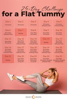 a woman is doing exercises for a flat tummy workout on a pink background with the text, 5 day challenge for a flat tummy