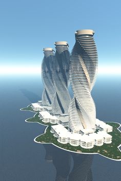 two tall buildings sitting on top of an island