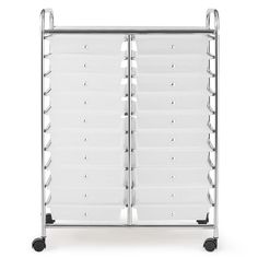 a large metal rack with two white bins on it's sides and wheels