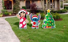 two cartoon characters standing next to a christmas tree in front of a house with lights on it