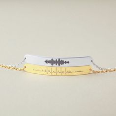 Keeping your love ones' voices  to your heart with this unique sound wave bracelet. It could be your baby heart beat, your children first voice or a voice recording of you Nana, Mama. Optional short message at the back (4-5 words) Made of 100% sterling silver, with optional gold or rose gold finishing. HOW TO ORDER: Please select the finishing, length and quantity. After that, send the soundwave to me via Etsy message and specify which short portion of the soundwave you would like to include. Otherwise we will select the portion that looks best with the design.  If you do not have the soundwave image of your sound, here's a tool to capture soundwave image from any sound. ( http://convert.ing-now.com/generate-a-waveform-image-from-an-audio-file/)  The necklace will be hand-crafted from scra Baby Heart Beat, Birthday Gift For Mother, Voice Message, Wave Jewelry, Baby Heart, Voice Recording, Baby Heartbeat, Mother To Be, Wave Bracelet