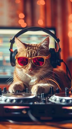 a cat wearing sunglasses and headphones sitting in front of a dj's turntable