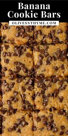 banana cookie bars with chocolate chips on top and text overlay that reads, bananas cookie bars