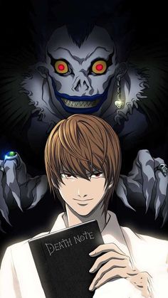 an anime character holding a book in front of two demonic looking monsters with red eyes