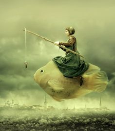 a woman riding on the back of a fish while holding a fishing pole in her hand