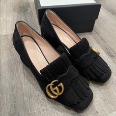 I Am Selling Gently Used My Beautiful Gucci Marmont Mid-Heel. This Was Worn Less Than 10 Times. Look Like New. Only Shows Wears On Soles. I Normally Wear 6 But This Fits Perfect Although It Says 36. I Do Have Box, Dust Bags And Receipt Paid $850 Without Taxes Luxury High Heel Loafers For Evening, Luxury Flat Heels For Office, Designer Evening Loafers With Closed Toe, Heel Loafers, Gucci Marmont, Gucci Black, Suede Pumps, Heeled Loafers, Gucci Shoes