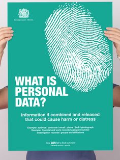 a woman holding up a poster with a fingerprint on it that says, what is personal data?