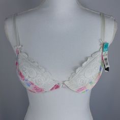 Deadstock 90's Vanity Fair Bra In The "Watercolor Flower Print". They Really Don't Make Them Like This Any More. This Bra Fits Nicely And Clasps In The Front. Removable Padding Gives You Versatile Options. So Pretty And Feminine- Where With A Sheer Top (Or The Tommy Hilfiger Short Overalls)- This Beauty Deserves To Be Seen! Here Are The Details: Deadstock (Nwt) 90's Vanity Fair Bra In "Watercolor Flowers" Size 34b Spring Floral Print Multicolor Bra, Vanity Fair Bras, Watercolor Flower Prints, Short Overalls, Convertible Bra, Nude Bra, Minimiser Bra, White Bras, Tommy Hilfiger Shorts