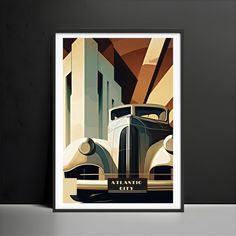 an art deco poster with a classic car in front of a modern cityscape