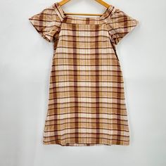 Mo:Vint Anthropologie Plaid Neutral Off The Shoulder Lined Dress Women's Xs Latte Color Nwt Brown Mini Dress With Short Sleeves For Fall, Brown Short Sleeve Mini Dress For Fall, Beige Short Sleeve Mini Dress For Fall, Beige Mini Dress With Short Sleeves For Fall, Vintage Brown Dress For Day Out, Chic Brown Cotton Dress, Fitted Brown Plaid Dress For Spring, Brown Short Sleeve Day Dress, Brown Mini Dress With Short Sleeves For Daywear