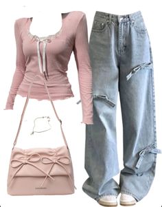 Bow Long Sleeve Tee + Wide Leg Jeans + Leather Shoulder Bag Pink Outfits With Jeans, Wide Shoulder Outfits, Pink Long Sleeve Shirt Outfit, Aesthetic Clothes Pink, Girl Outfits For School, Pink Aesthetic Outfits, Outfit Inspo Jeans, Pink Y2k Outfit, Pink Shirt Outfit