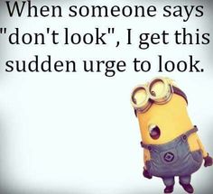 a minion with the caption when someone says don't look, i get this sudden urge to look