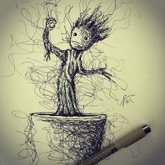 a drawing of a person standing on top of a potted plant with arms in the air