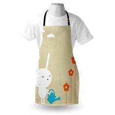 an apron with a cartoon character holding a watering can on it's back, and flowers in the background