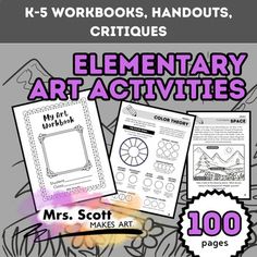 an elementary art activity pack with the title'k - 5 workbooks, handouts, and instructions