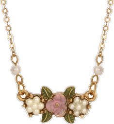 Pearly Eden Pink Rose Enamel Faux Pearl Pendant Necklace 16 + 3 Extender Leaf Designs, 1928 Jewelry, Vintage Inspired Jewelry, Porcelain Roses, Flower Beads, Gold Dipped, Floral Jewellery, Pearl Pendant Necklace, Pearl Flower