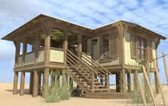 a house on stilts in the desert with stairs leading up to it's second floor