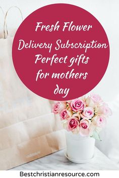 a bouquet of flowers sitting on top of a table next to a paper bag with the words fresh flower delivery, perfect gifts for mothers day